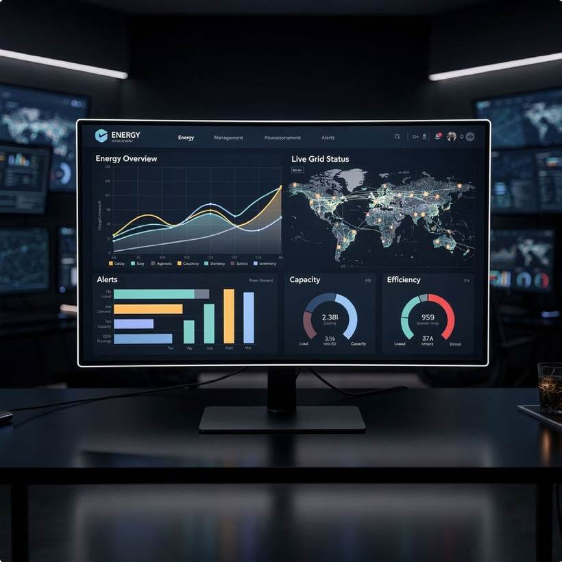 Monitor exibindo painel de gestão de energia em tempo real, em sala de controle escura