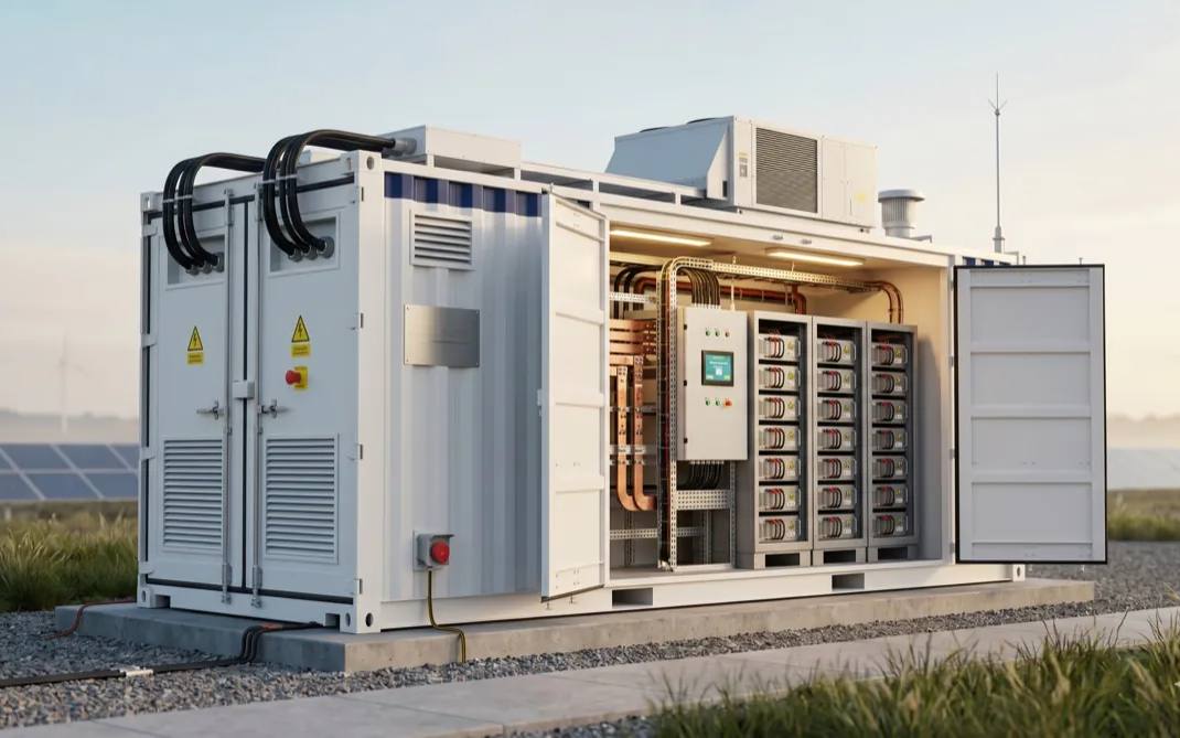 Contêiner de armazenamento BESS com gabinete aberto mostrando racks de baterias