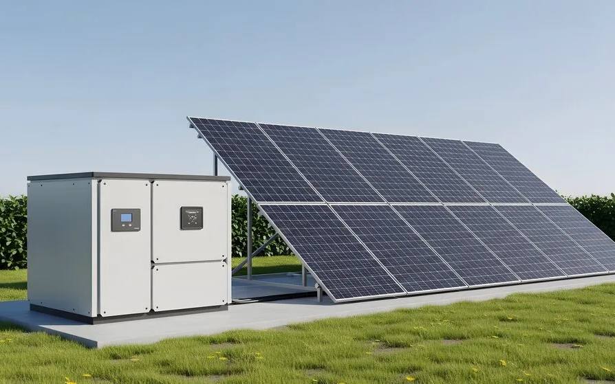 Sistema off-grid com bateria e estrutura de painéis solares em campo